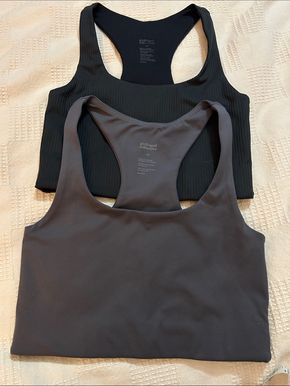 Two Girlfriend Collective Paloma Sports Bra racerback tops in black and gray XS